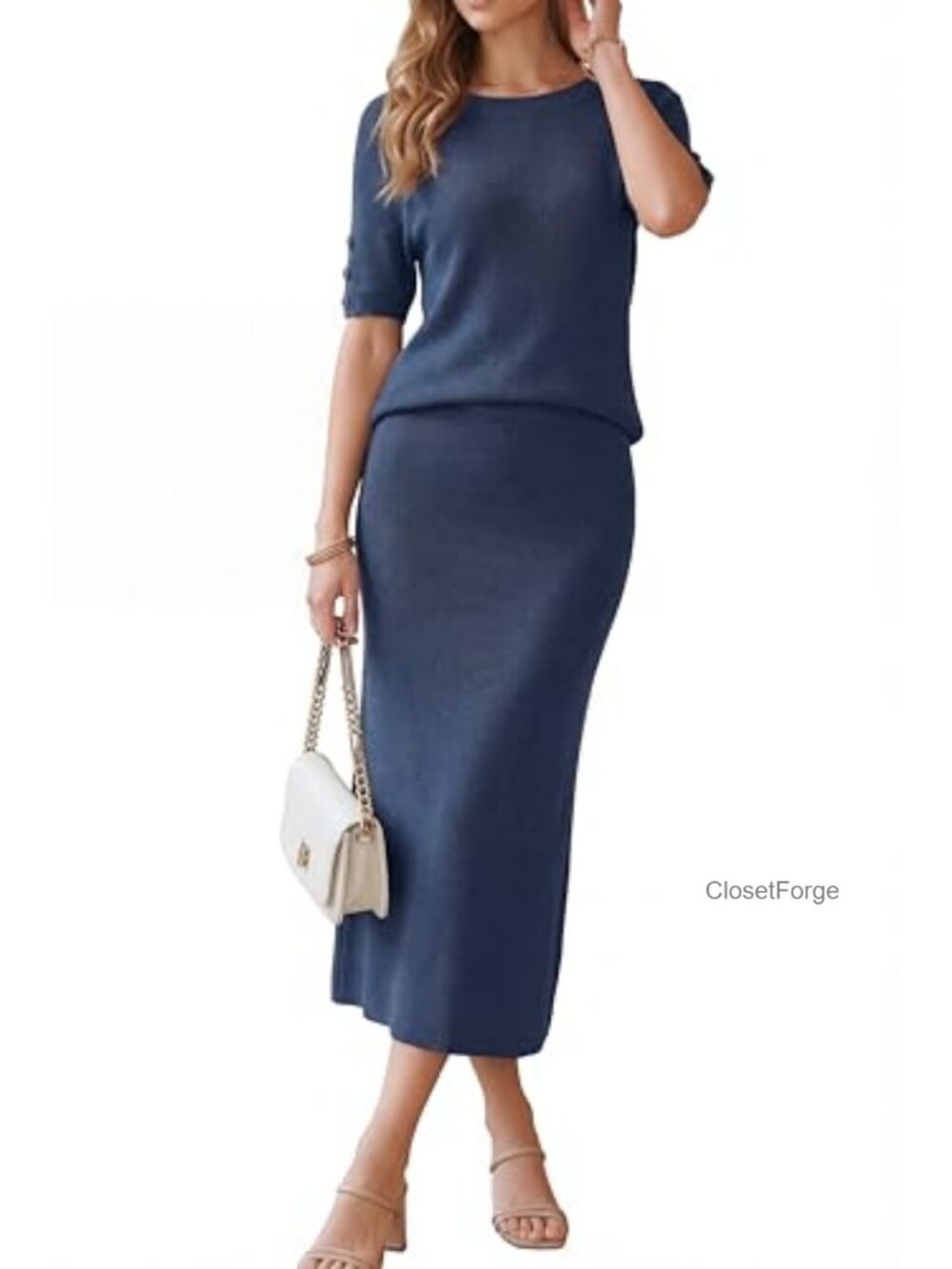 Wool Blend Sweater Skirt Set 2 Piece Midi A-Line Office Casual